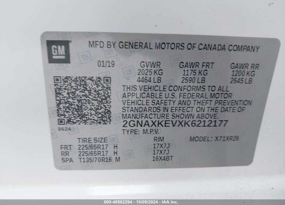 2019 CHEVROLET EQUINOX LT VIN: 2GNAXKEVXK6212177