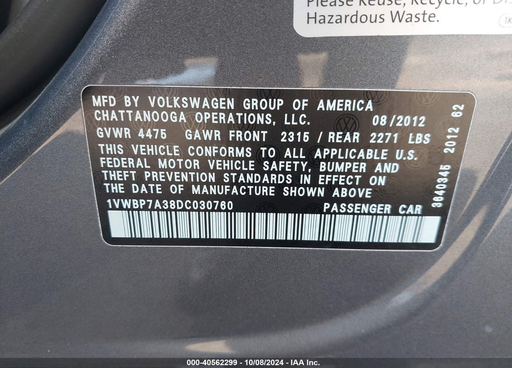 2013 VOLKSWAGEN PASSAT 2.5L SE VIN: 1VWBP7A38DC030760