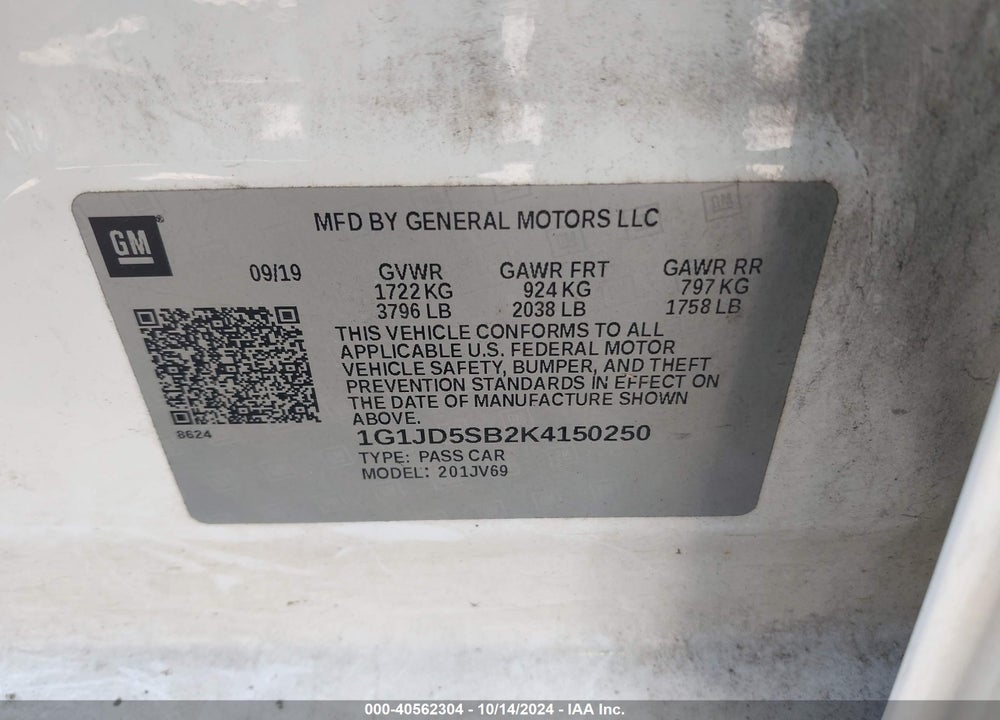 2019 CHEVROLET SONIC LT AUTO VIN: 1G1JD5SB2K4150250