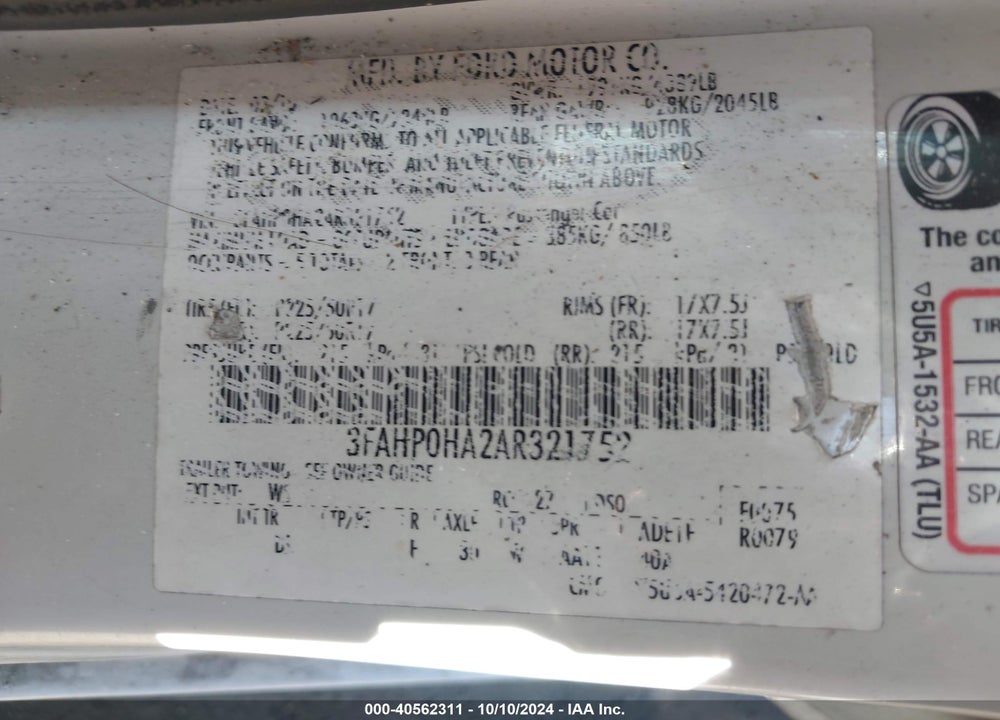 2010 FORD FUSION SE VIN: 3FAHP0HA2AR321752