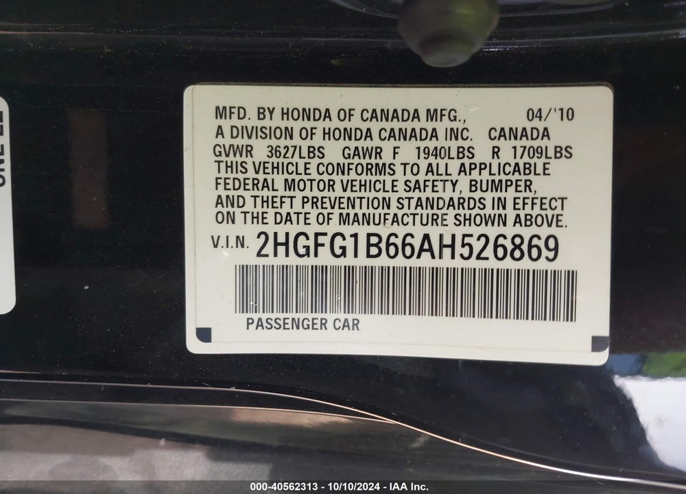 2010 HONDA CIVIC LX VIN: 2HGFG1B66AH526869