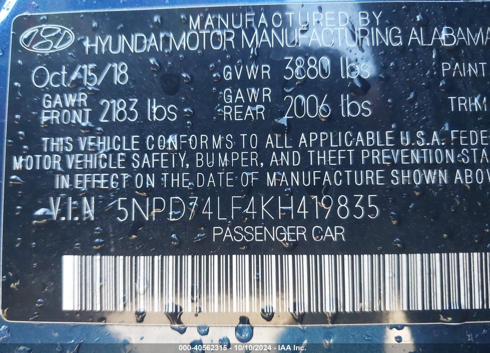 2019 HYUNDAI ELANTRA SE VIN: 5NPD74LF4KH419835