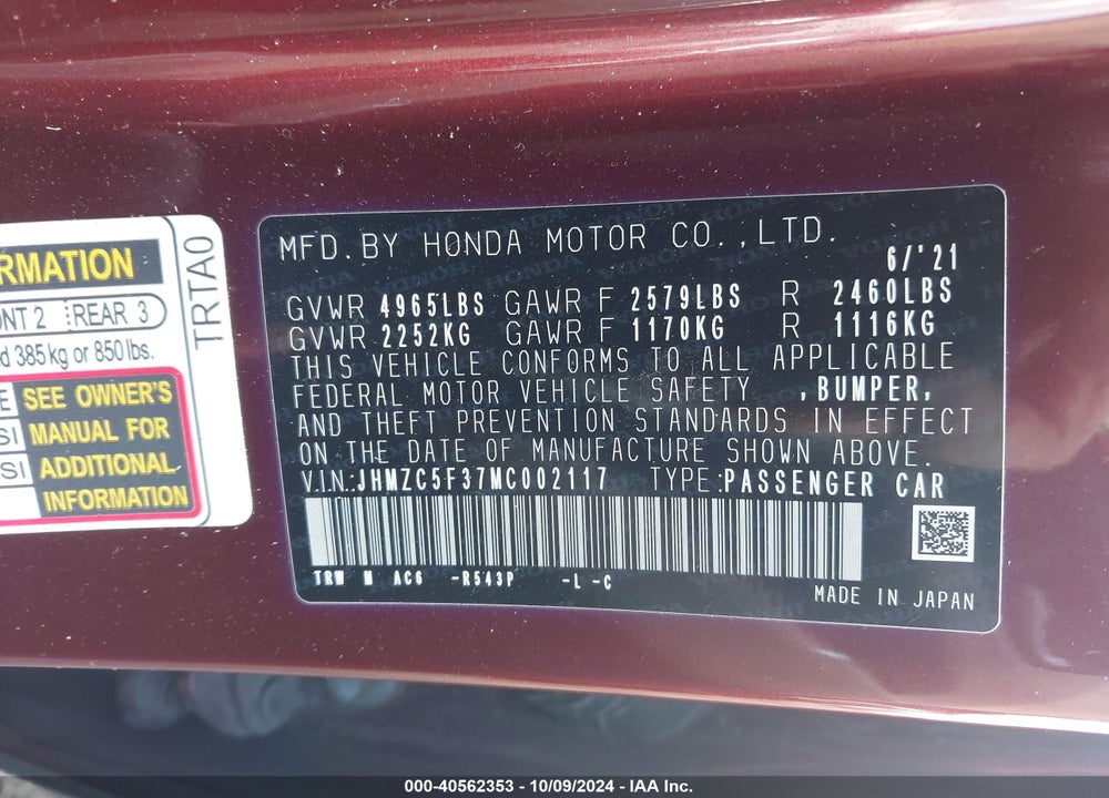 2021 HONDA CLARITY PLUG-IN HYBRID TOURING VIN: JHMZC5F37MC002117