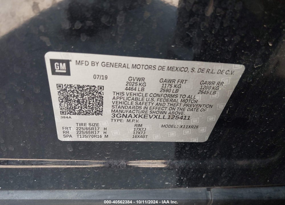 2020 CHEVROLET EQUINOX FWD LT 1.5L TURBO VIN: 3GNAXKEVXLL125411