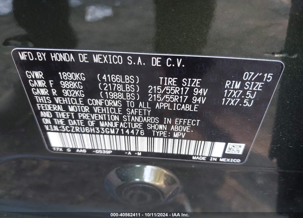 2016 HONDA HR-V VIN: 3CZRU6H33GM714476