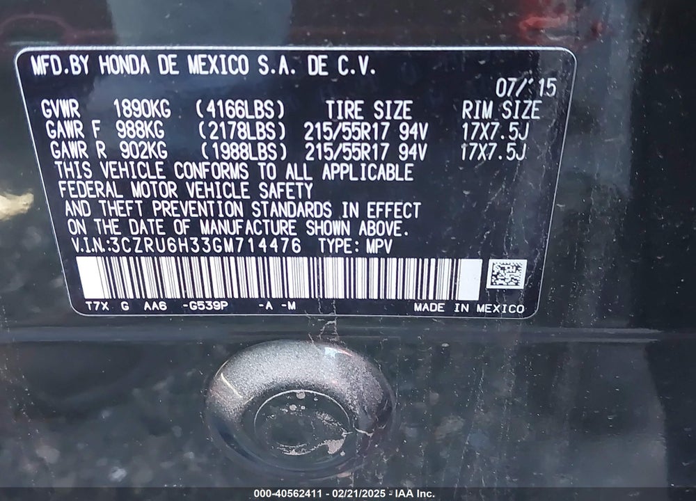 2016 HONDA HR-V VIN: 3CZRU6H33GM714476