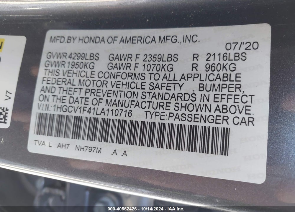 2020 HONDA ACCORD EX VIN: 1HGCV1F41LA110716