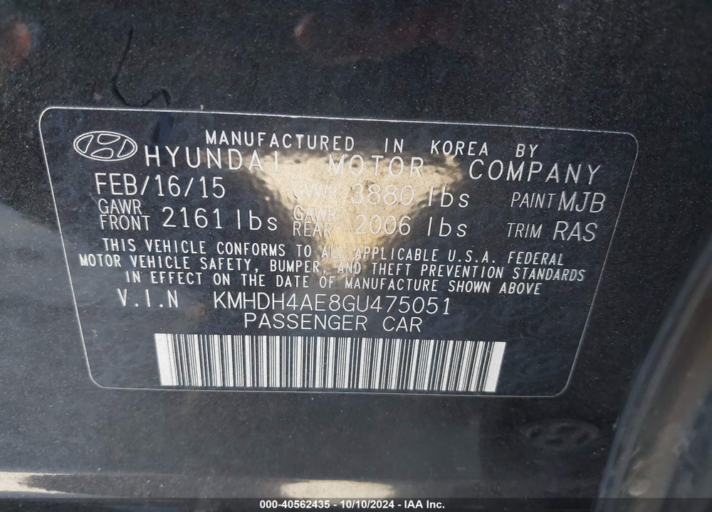 2016 HYUNDAI ELANTRA SE VIN: KMHDH4AE8GU475051