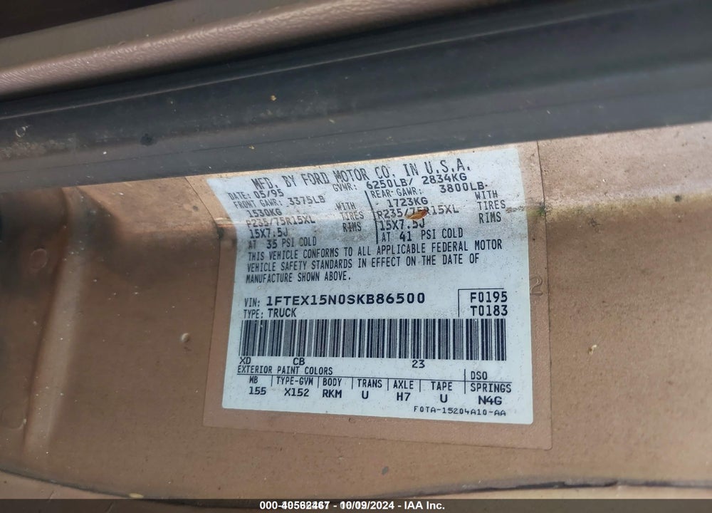 1995 FORD F150 VIN: 1FTEX15N0SKB86500