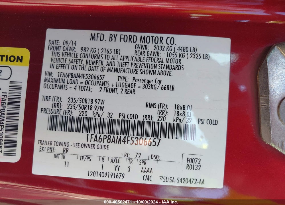 2015 FORD MUSTANG V6 VIN: 1FA6P8AM4F5306657