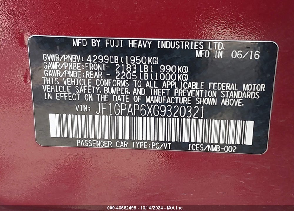 2016 SUBARU IMPREZA VIN: JF1GPAP6XG9320321