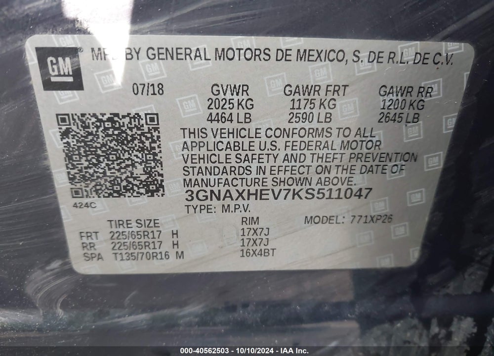 2019 CHEVROLET EQUINOX LS VIN: 3GNAXHEV7KS511047
