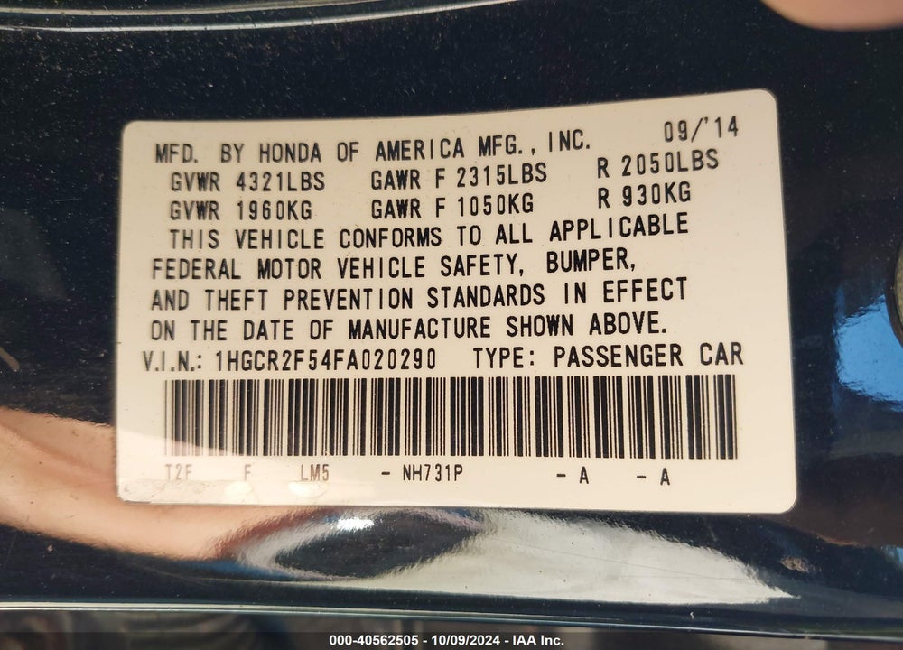 2015 HONDA ACCORD SPORT VIN: 1HGCR2F54FA020290