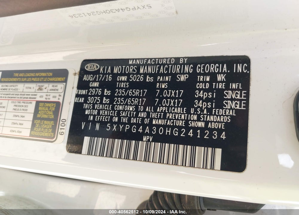 2017 KIA SORENTO 2.4L LX VIN: 5XYPG4A30HG241234