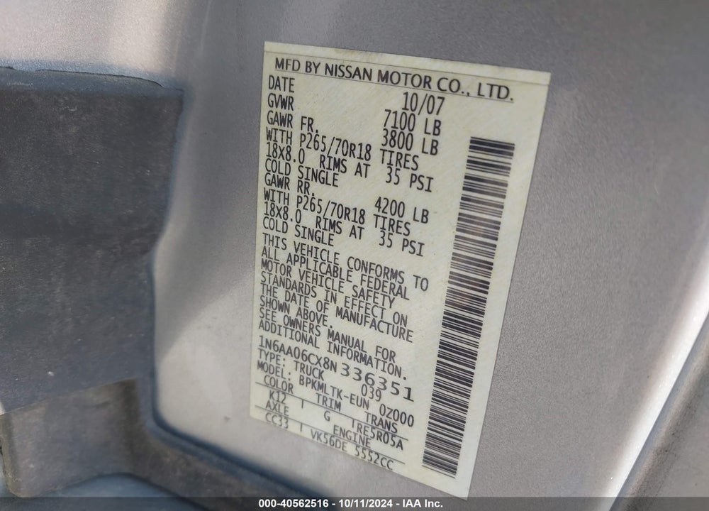 2008 NISSAN TITAN LE/PRO-4X/SE VIN: 1N6AA06CX8N336351