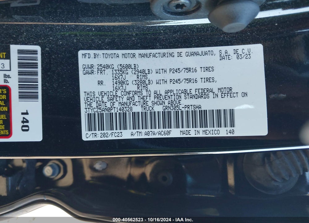 2023 TOYOTA TACOMA VIN: 3TYCZ5AN0PT140328
