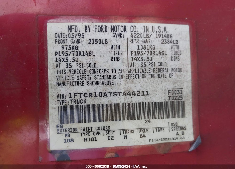 1995 FORD RANGER VIN: 1FTCR10A7STA44211