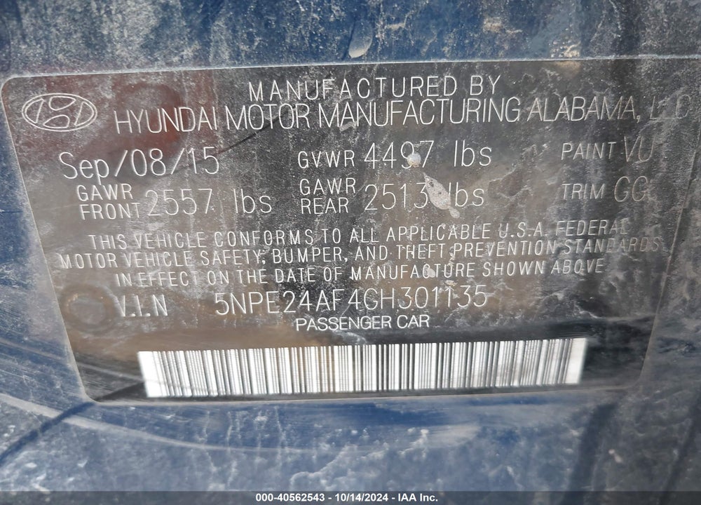 2016 HYUNDAI SONATA SE VIN: 5NPE24AF4GH301135