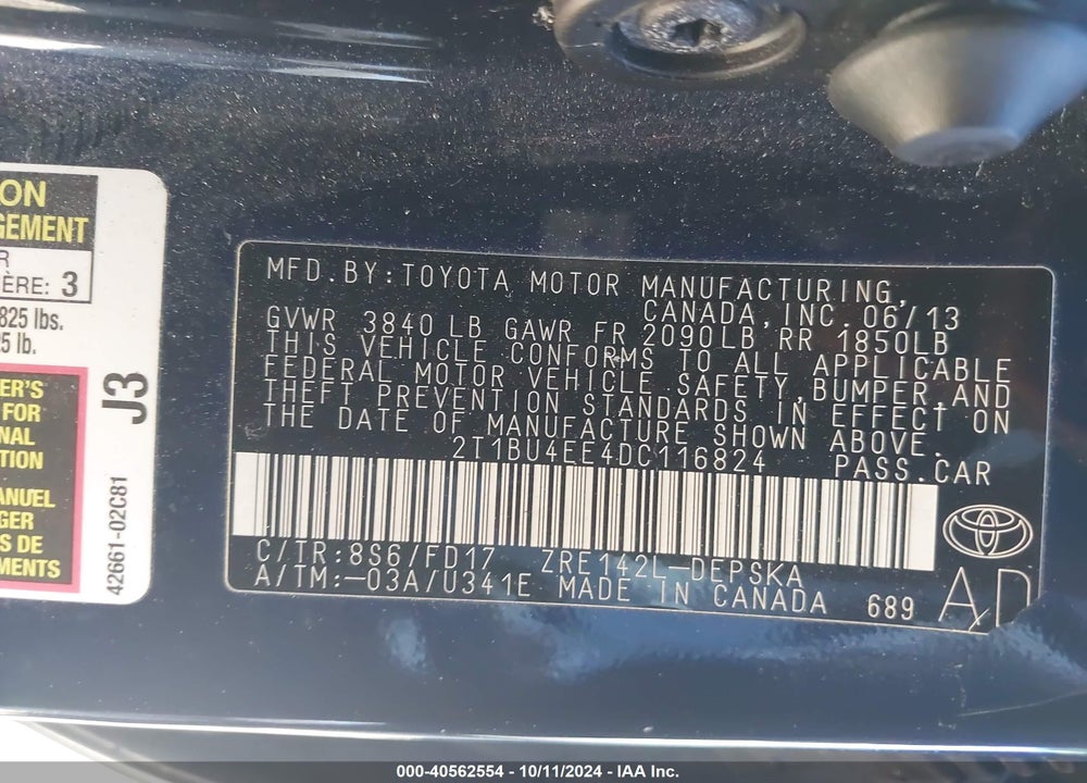 2013 TOYOTA COROLLA S VIN: 2T1BU4EE4DC116824