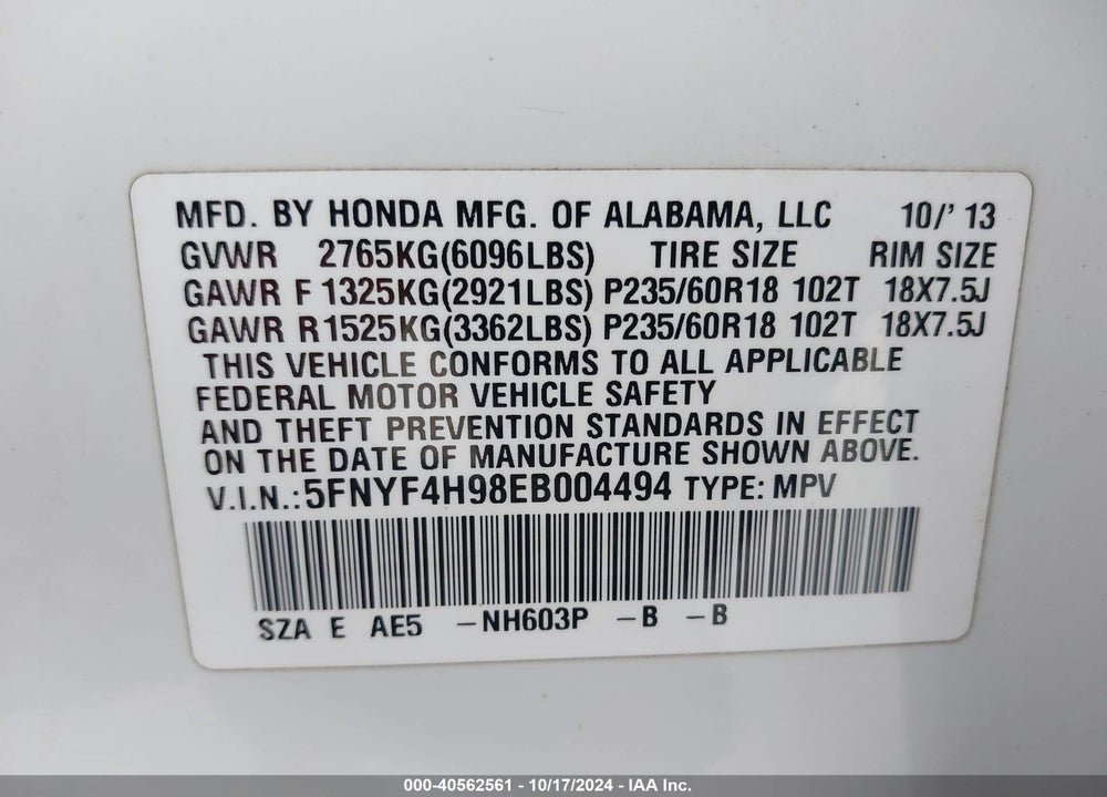 2014 HONDA PILOT TOURING VIN: 5FNYF4H98EB004494