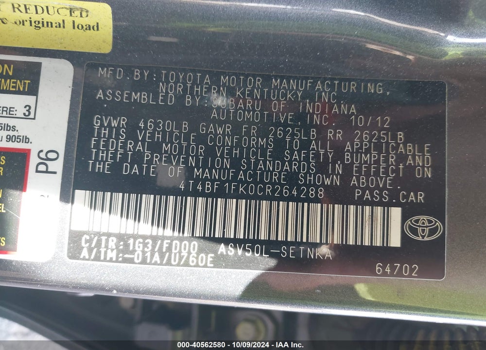 2012 TOYOTA CAMRY LE VIN: 4T4BF1FK0CR264288