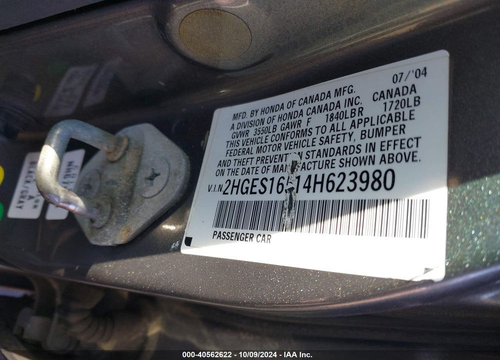 2004 HONDA CIVIC LX VIN: 2HGES16514H623980