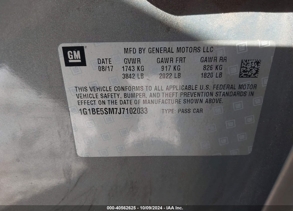 2018 CHEVROLET CRUZE LT AUTO VIN: 1G1BE5SM7J7102033