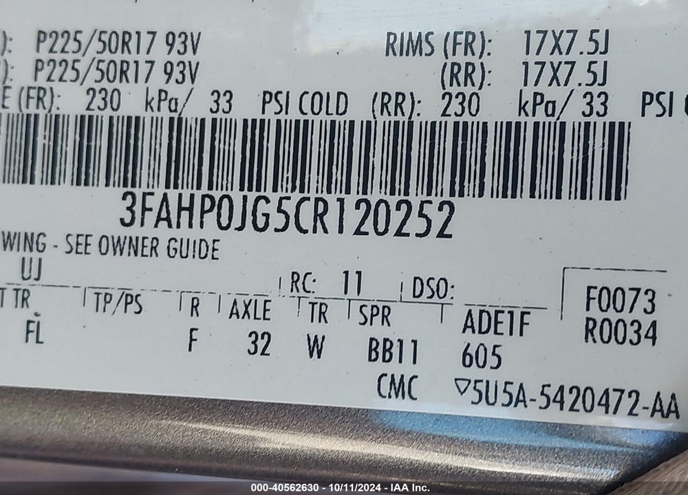 2012 FORD FUSION SEL VIN: 3FAHP0JG5CR120252
