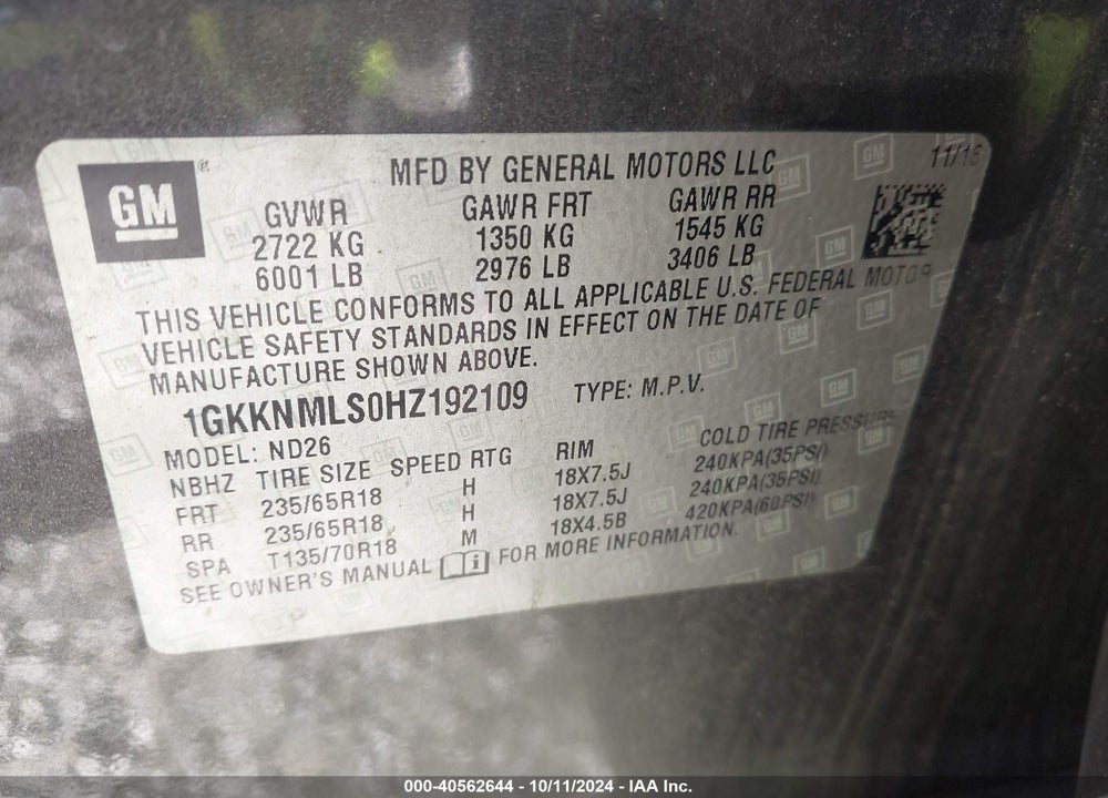 2017 GMC ACADIA SLT-1 VIN: 1GKKNMLS0HZ192109