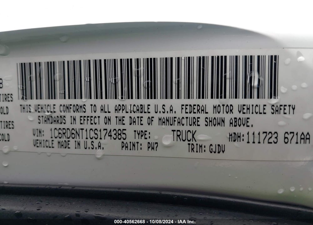 2012 RAM 1500 LAIE VIN: 1C6RD6NT1CS174385