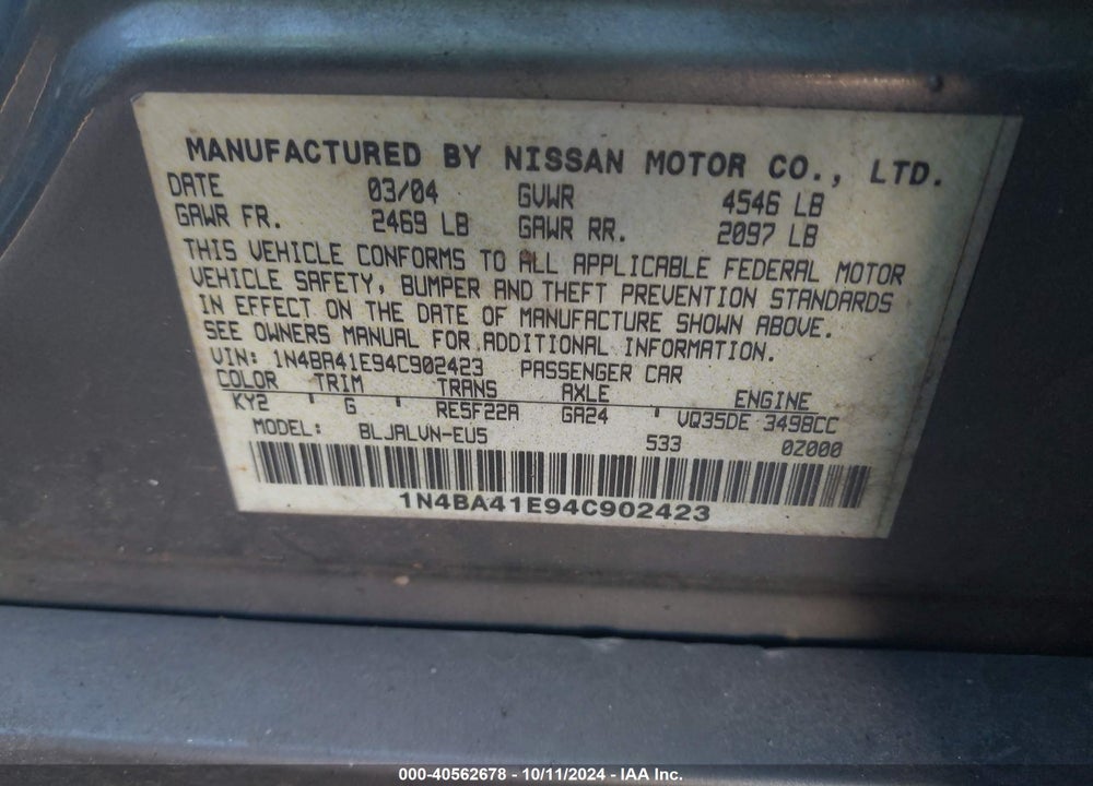 2004 NISSAN MAXIMA 3.5 SL VIN: 1N4BA41E94C902423