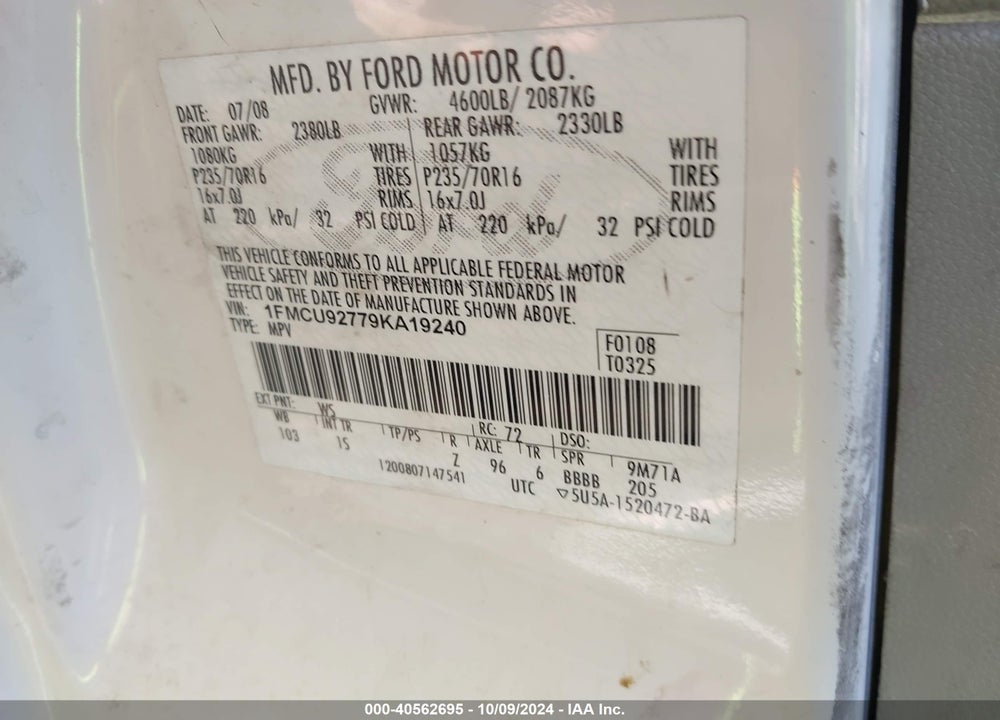 2009 FORD ESCAPE XLS VIN: 1FMCU92779KA19240