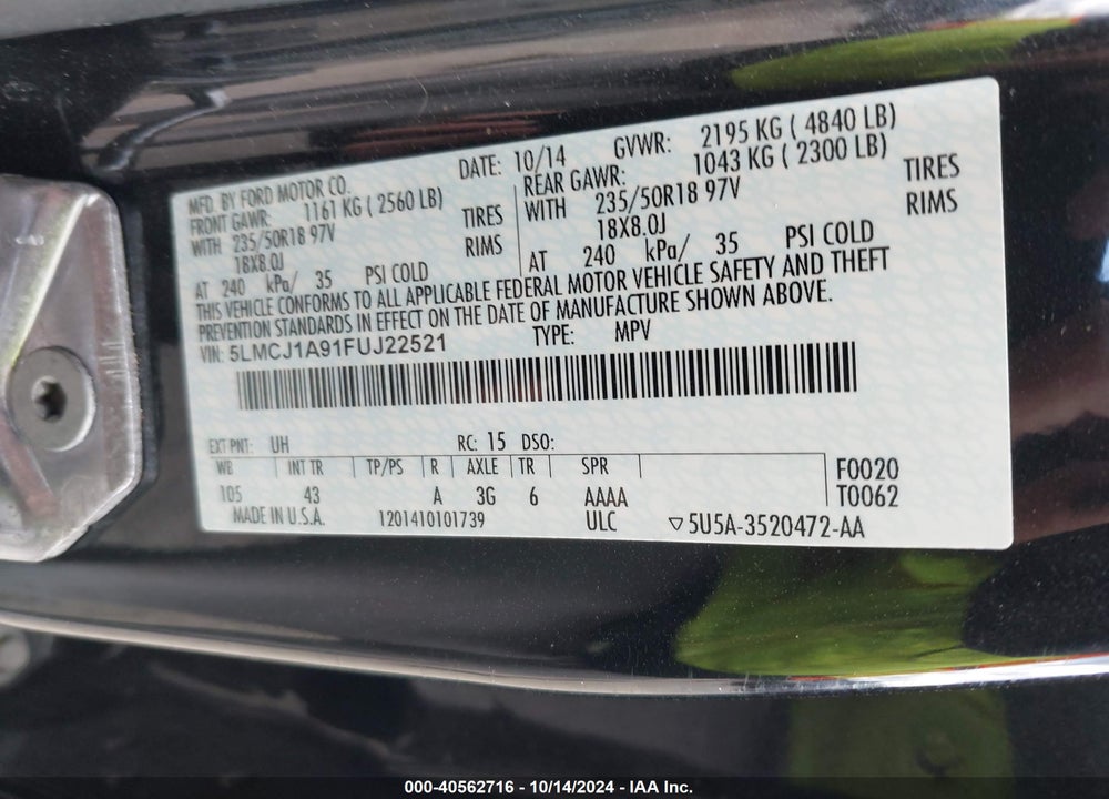 2015 LINCOLN MKC VIN: 5LMCJ1A91FUJ22521