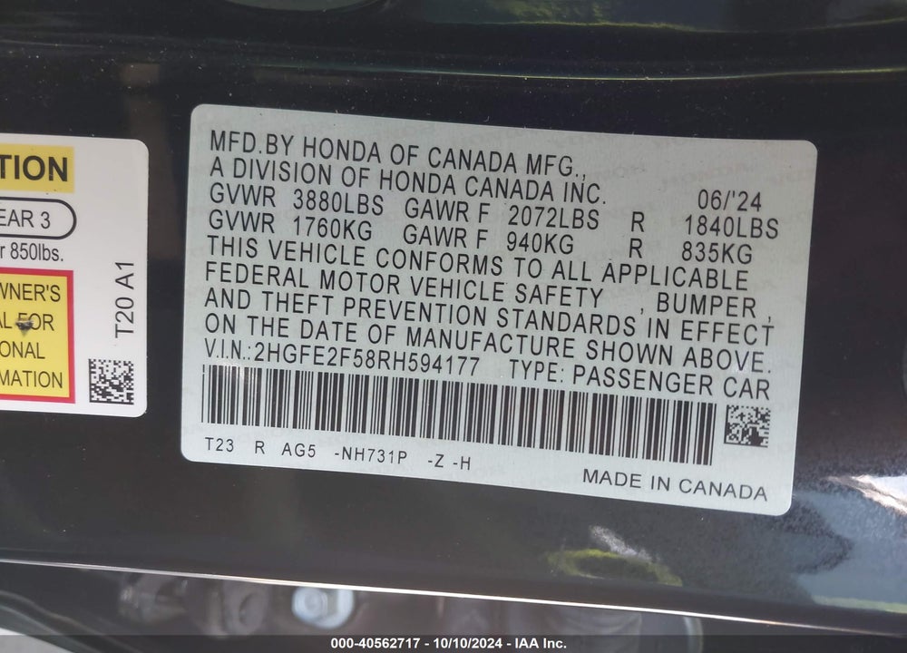 2024 HONDA CIVIC SPORT VIN: 2HGFE2F58RH594177