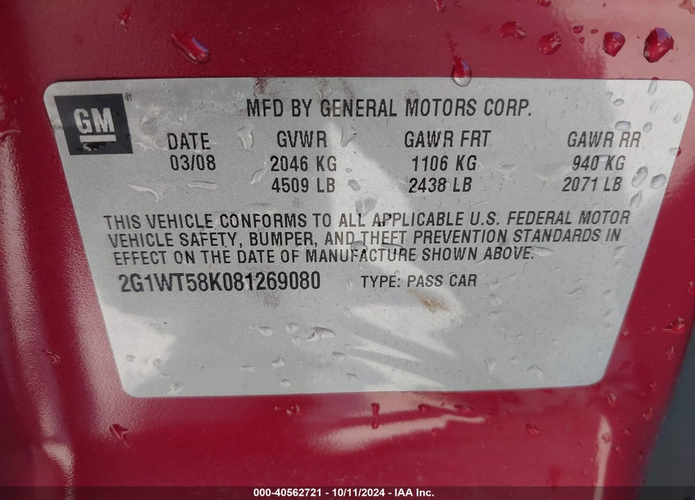 2008 CHEVROLET IMPALA LT VIN: 2G1WT58K081269080