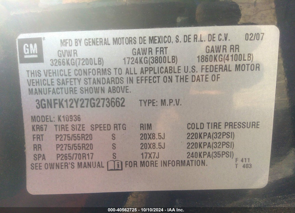 2007 CHEVROLET AVALANCHE 1500 LTZ VIN: 3GNFK12Y27G273662