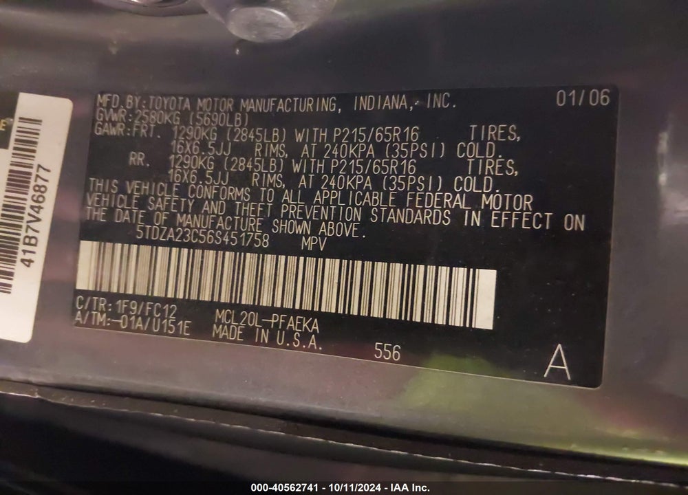 2006 TOYOTA SIENNA LE VIN: 5TDZA23C56S451758
