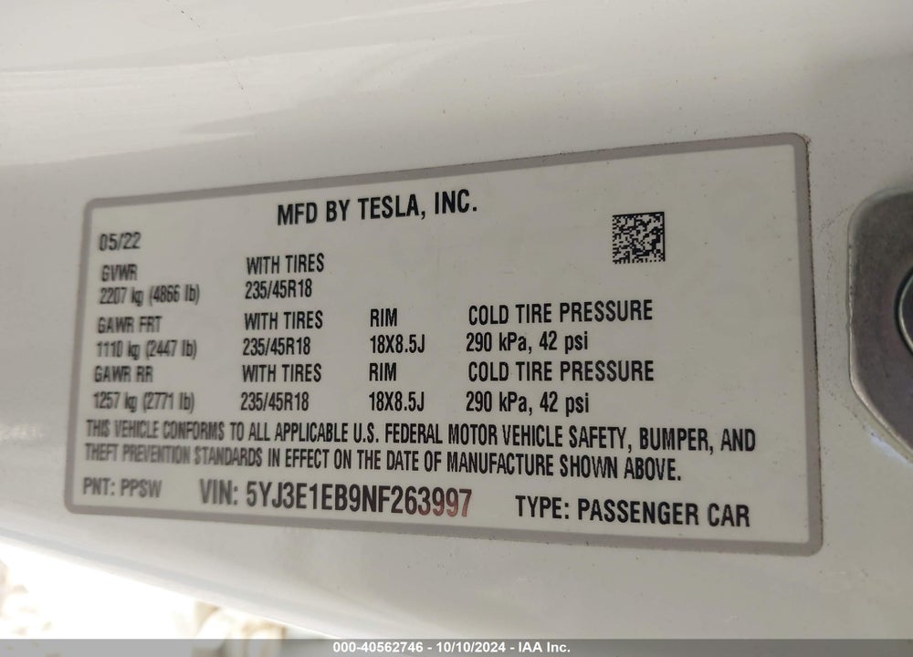 2022 TESLA MODEL 3 LONG RANGE DUAL MOTOR ALL-WHEEL DRIVE VIN: 5YJ3E1EB9NF263997