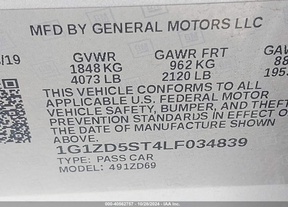 2020 CHEVROLET MALIBU FWD LT VIN: 1G1ZD5ST4LF034839