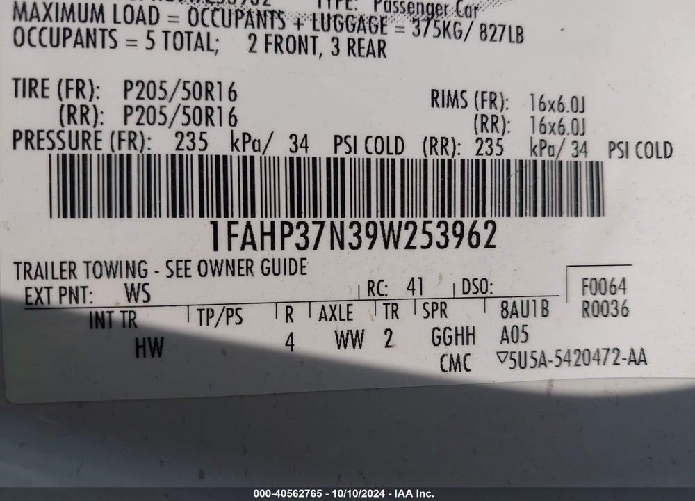 2009 FORD FOCUS SEL VIN: 1FAHP37N39W253962