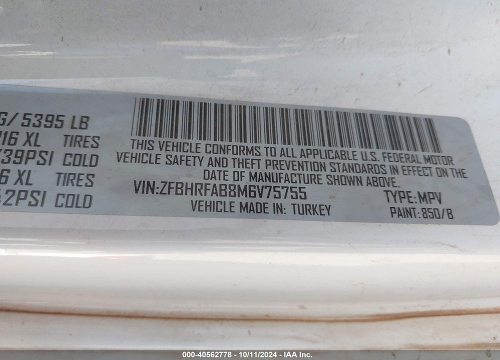 2021 RAM PROMASTER CITY TRADESMAN VIN: ZFBHRFAB8M6V75755