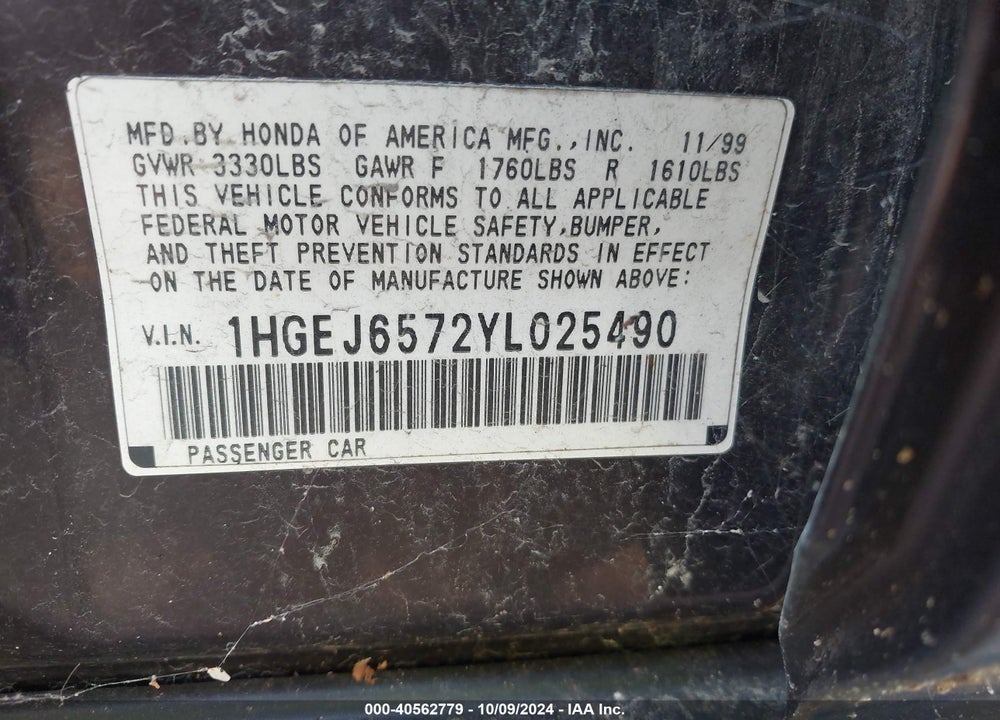 2000 HONDA CIVIC LX VIN: 1HGEJ6572YL025490