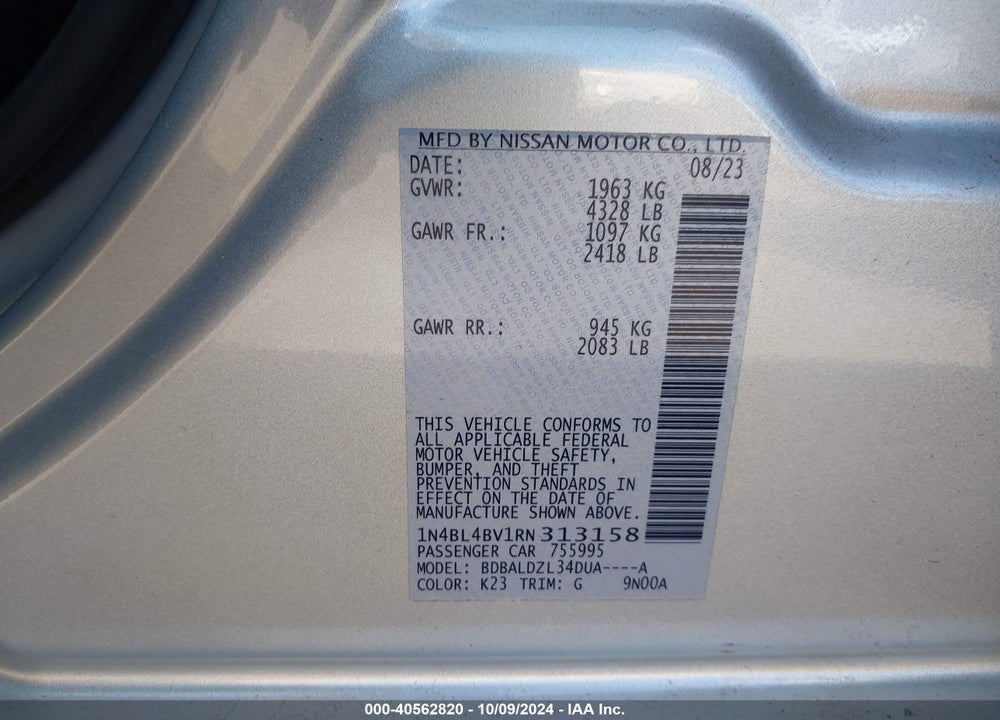 2024 NISSAN ALTIMA S FWD VIN: 1N4BL4BV1RN313158