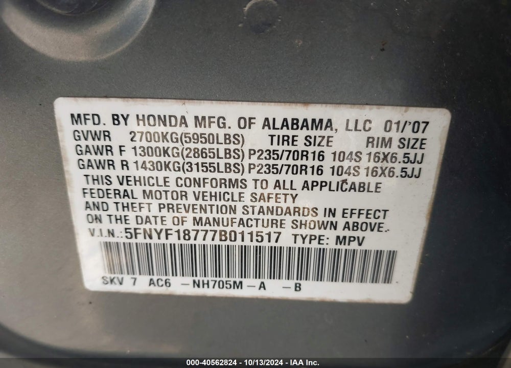 2007 HONDA PILOT EX-L VIN: 5FNYF18777B011517