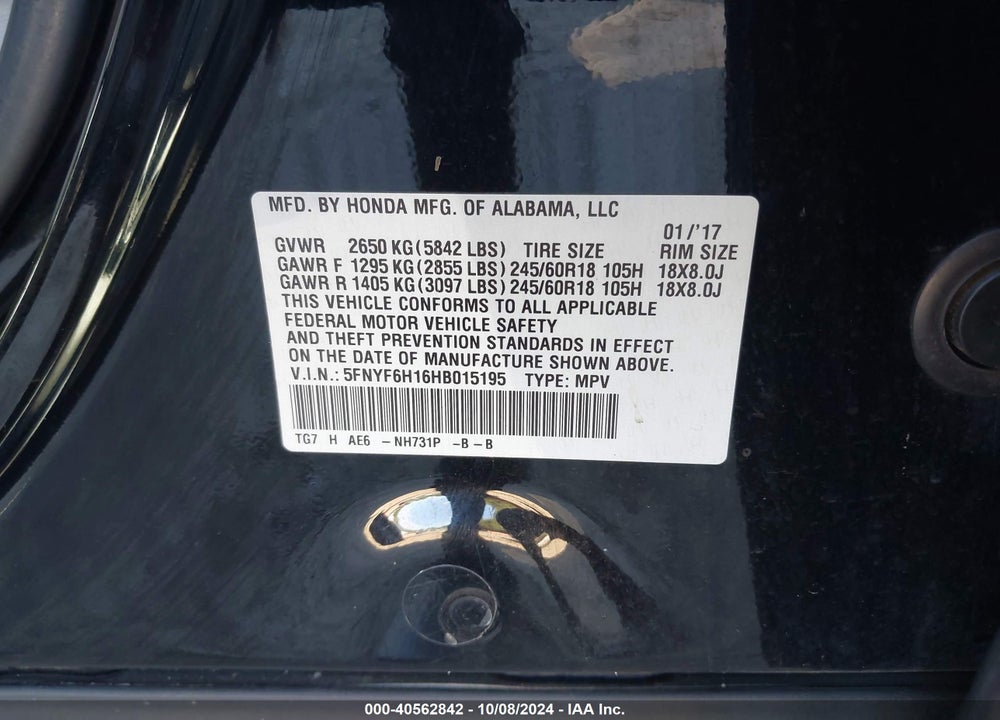 2017 HONDA PILOT LX VIN: 5FNYF6H16HB015195