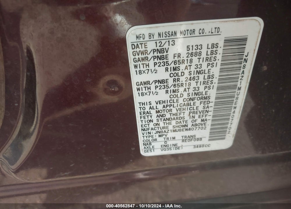 2014 NISSAN MURANO LE/S/SL/SV VIN: JN8AZ1MU8EW407702