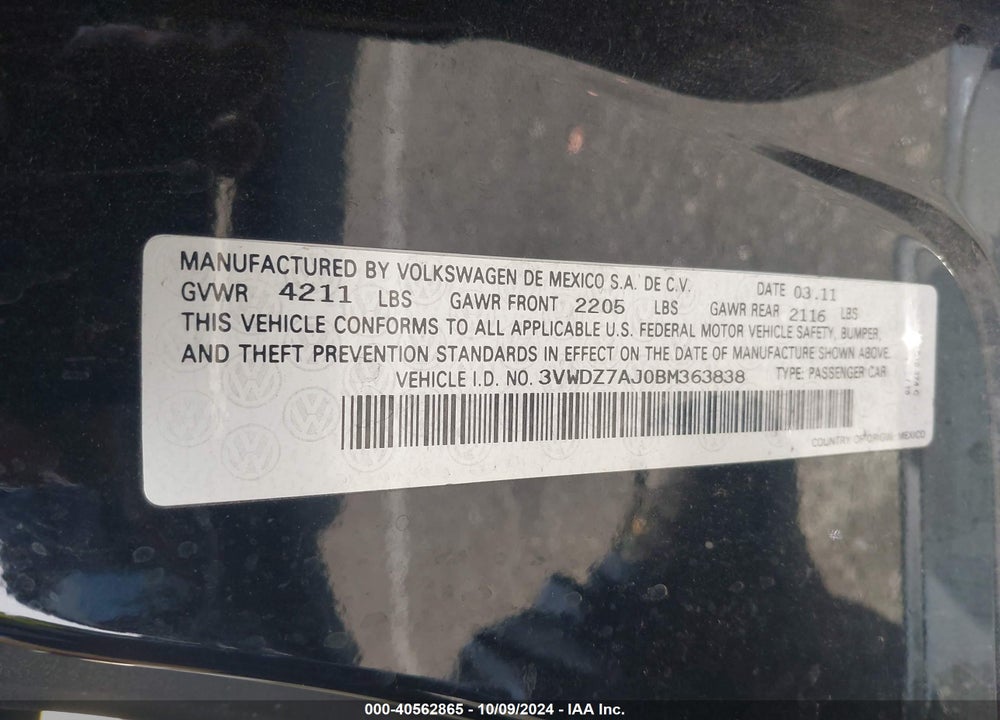 2011 VOLKSWAGEN JETTA 2.5L SE VIN: 3VWDZ7AJ0BM363838