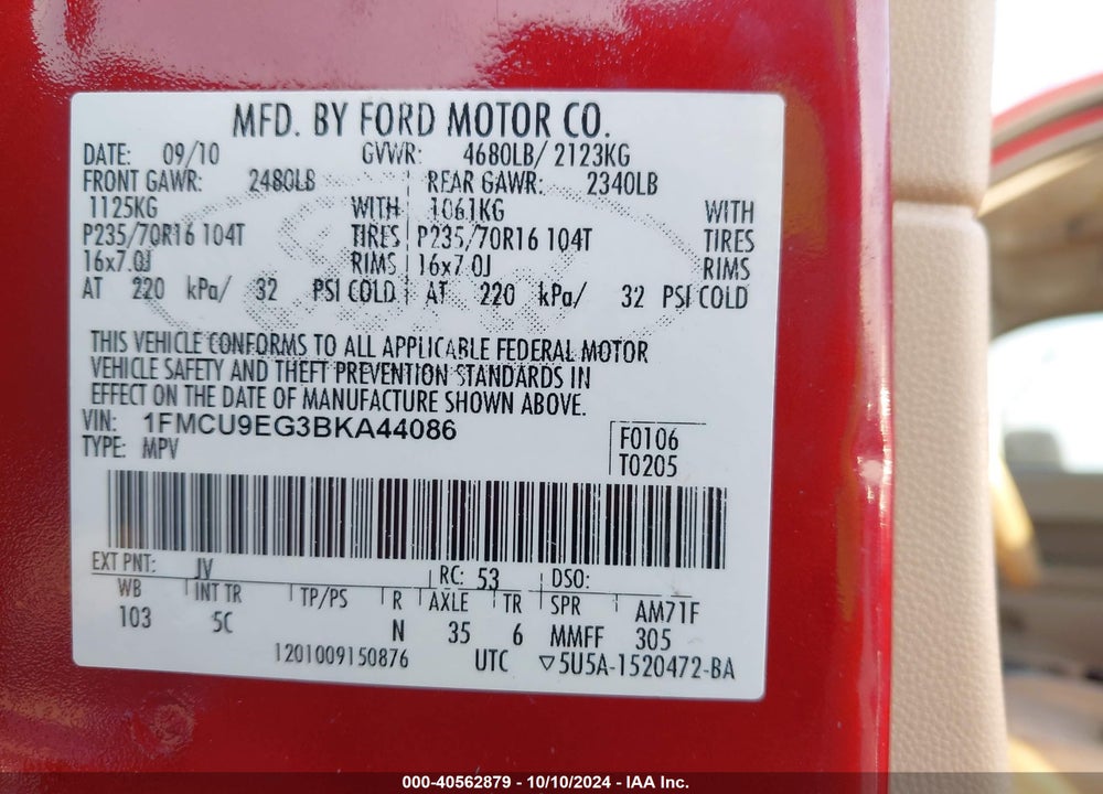 2011 FORD ESCAPE LIMITED VIN: 1FMCU9EG3BKA44086
