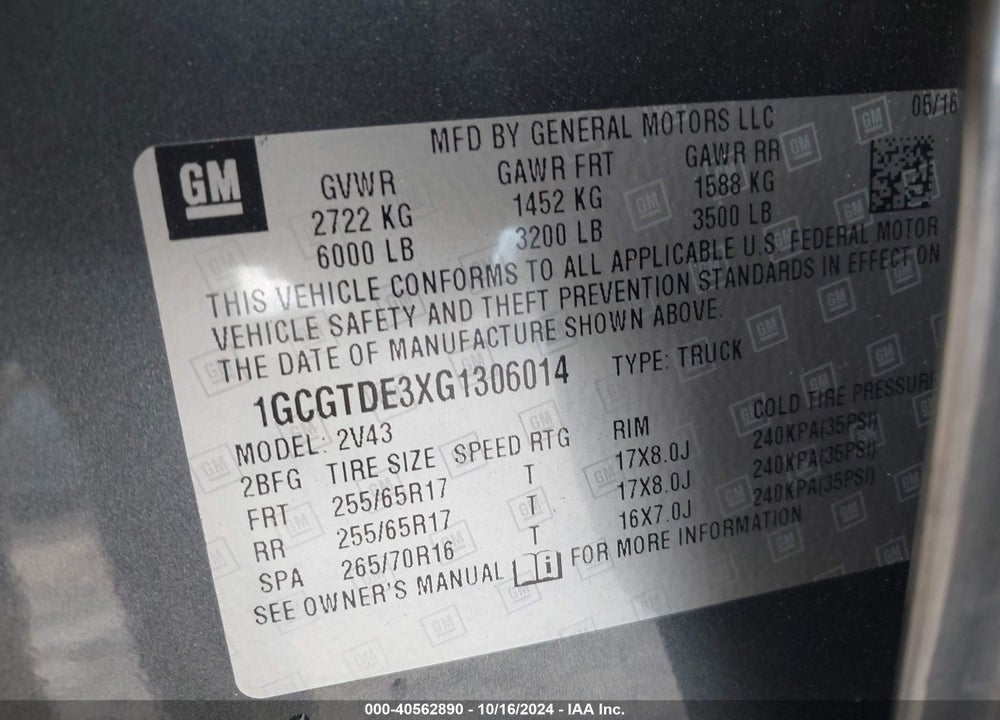 2016 CHEVROLET COLORADO Z71 VIN: 1GCGTDE3XG1306014