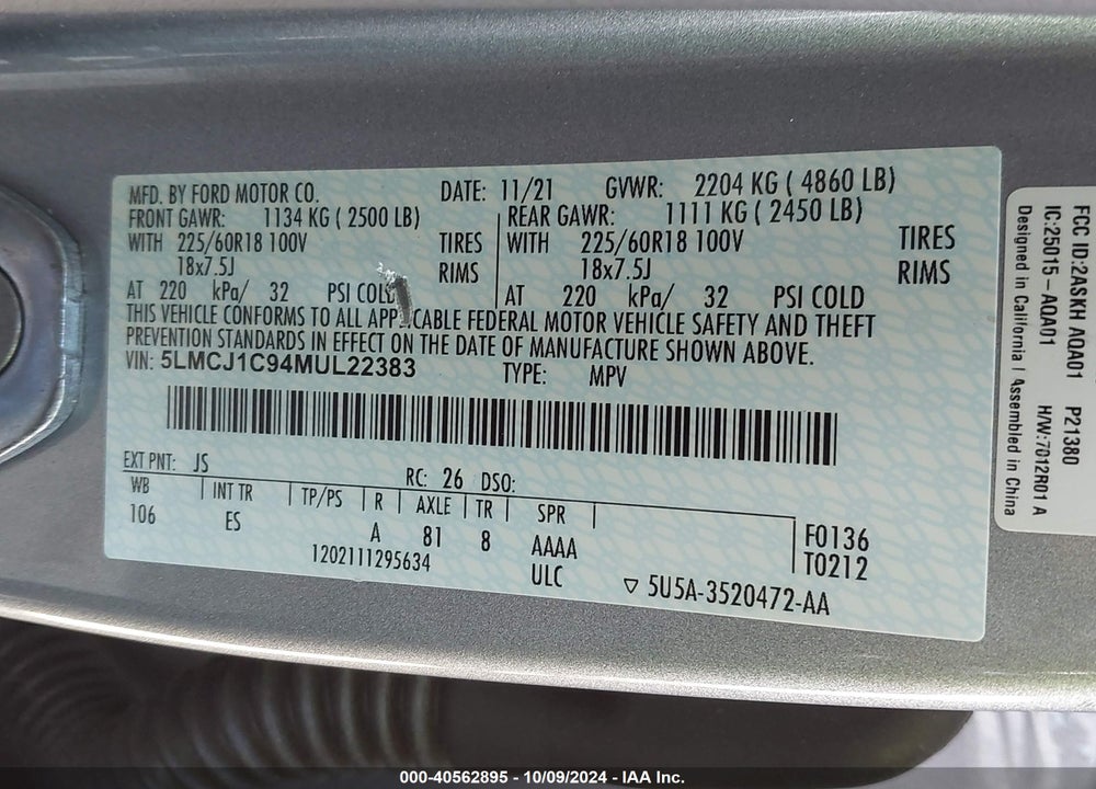 2021 LINCOLN CORSAIR STANDARD VIN: 5LMCJ1C94MUL22383